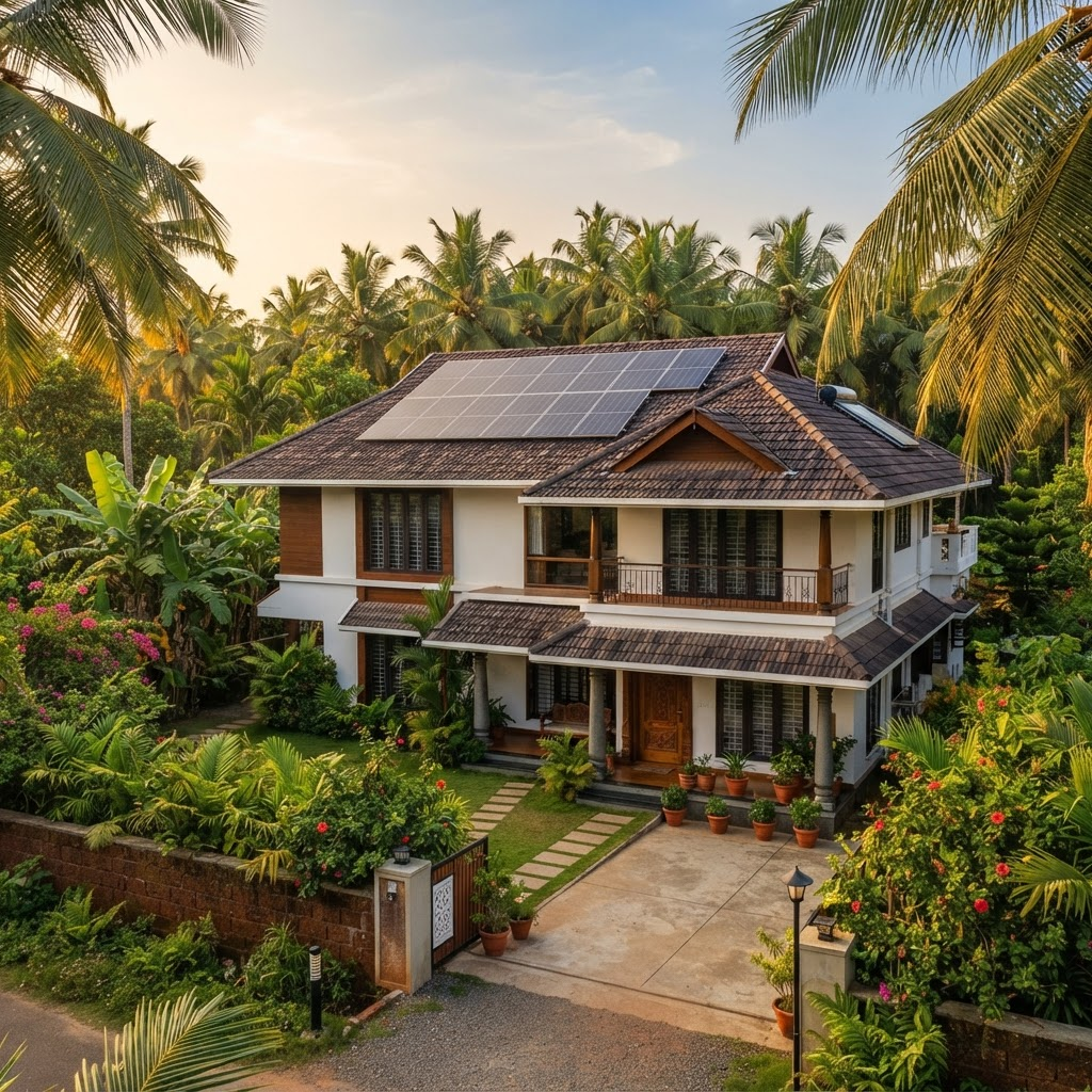 Modern Kerala home with rooftop solar panels amid coconut palms at golden hour