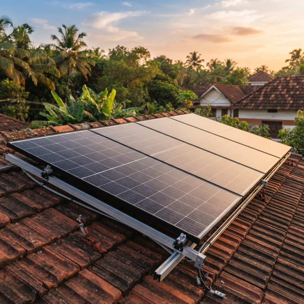 Close-up of premium solar panels installed on a Kerala rooftop at golden hour